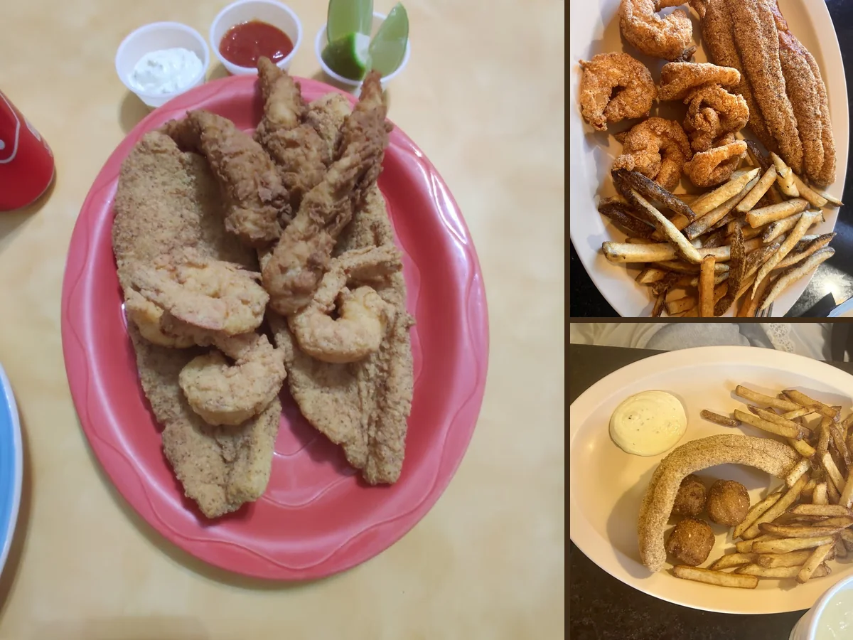 Crispy shrimp beside coleslaw and sides.