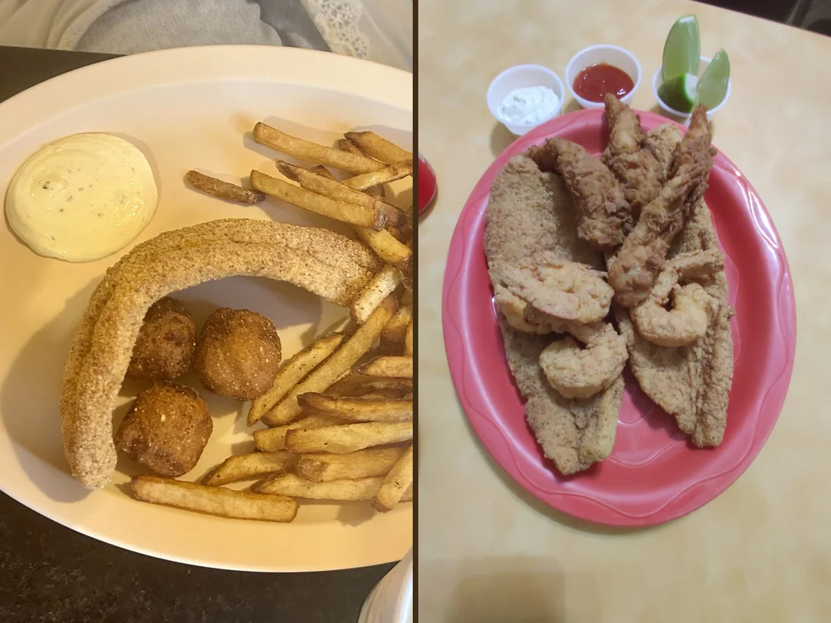 Golden fried fish on a white plate.