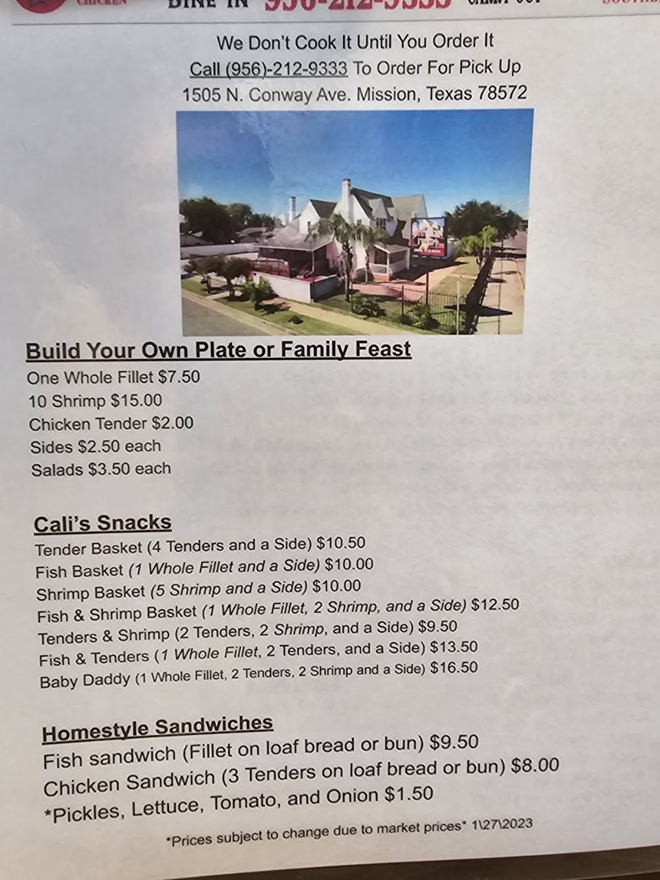 Printed menu with baskets and sandwiches.