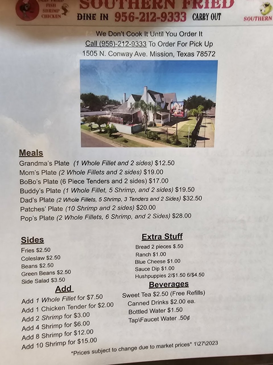 Menu page showing fried fish and shrimp.